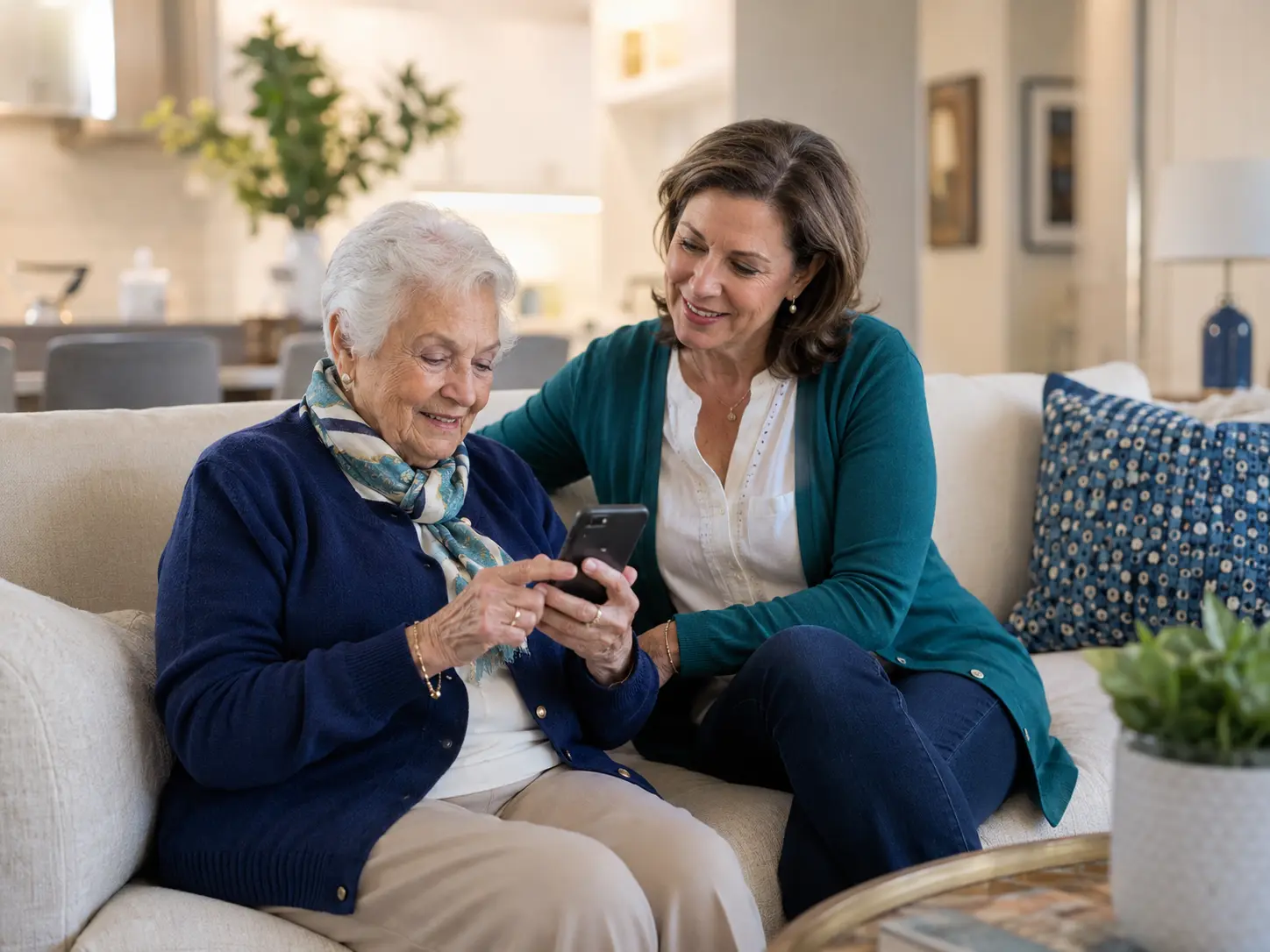 Older adult completing a satisfaction survey on a smartphone with family support