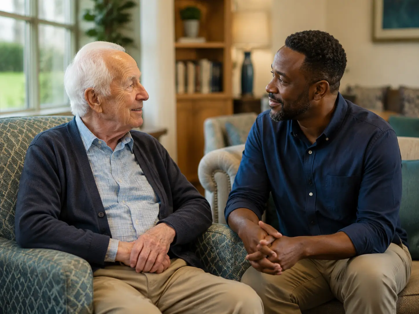 Caregiver listening closely to an older resident